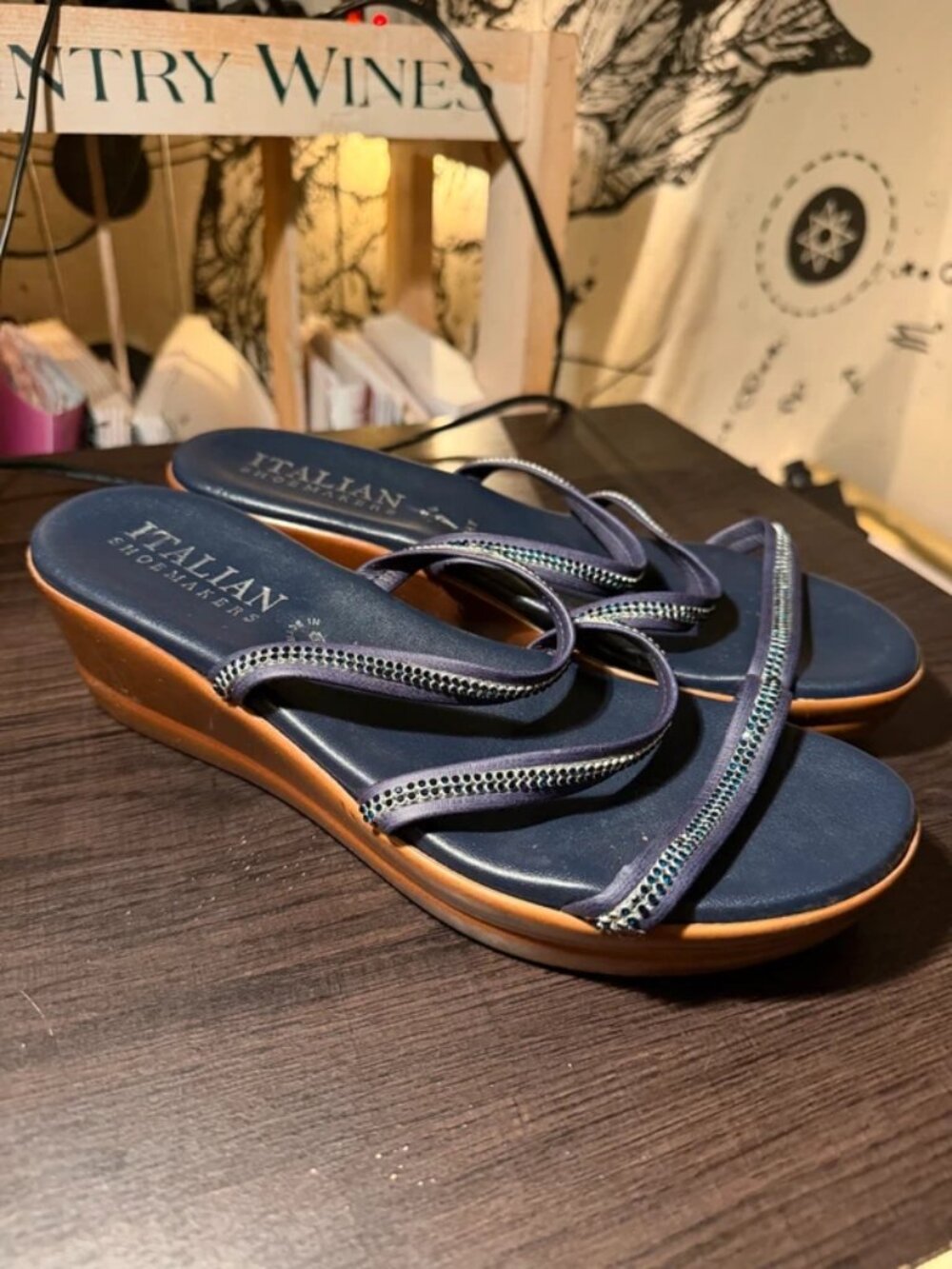 Navy Blue and Tan Chunky Platform Italian Shoemakers Sandals